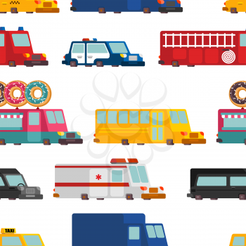 Car cartoon seamless pattern. Fire engine and police car. ambulance and taxi. Fast food truck. vector illustration
