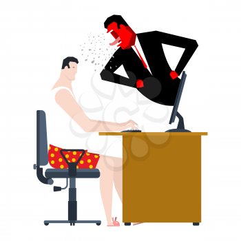 angry boss screams at freelancer. Monitoring of remote work. Vector illustration