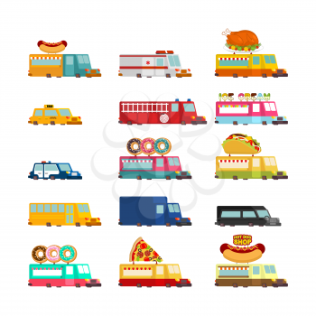 Car cartoon set. Fire engine and police car. ambulance and taxi. Fast food truck. vector illustration