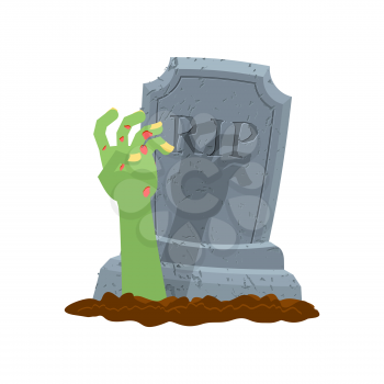 Halloween. Grave and hand of zombie. Gravestone and arm dead man. Illustration for terrible holiday
