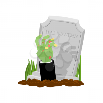 Halloween. Grave and hand of zombie. Gravestone and arm dead man. Illustration for terrible holiday
