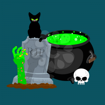 Halloween template. Pot with magical potion and hand of zombie. grave and arm green corpse. Illustration for terrible holiday
