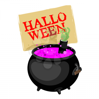 Halloween. Pot with magical potion and hand zombie. Witch accessory 
