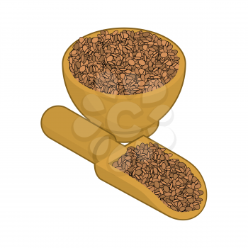 Lentils in wooden bowl and spoon. Groats in wood dish and shovel. Grain on white background. Vector illustration