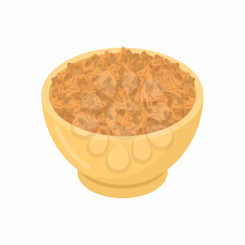 Wheat in wooden bowl isolated. Groats in wood dish. Grain on white background. Vector illustration

