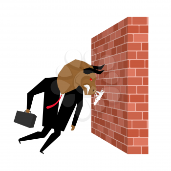 Businessman Bull is destroying brick wall. Overcoming obstacles. Vector illustration
