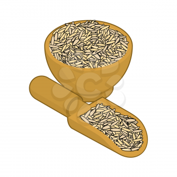Parboiled rice in wooden bowl and spoon. Groats in wood dish and shovel. Grain on white background. Vector illustration