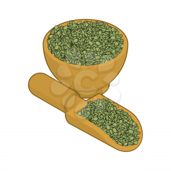 Green Lentils in wooden bowl and spoon. Groats in wood dish and shovel. Grain on white background. Vector illustration