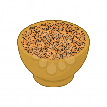 Wheat in wooden bowl isolated. Groats in wood dish. Grain on white background. Vector illustration
