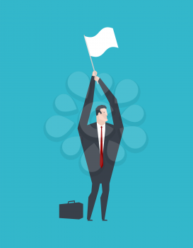 Businessman surrender hands up and white flag. Business life. Vector illustration. 
