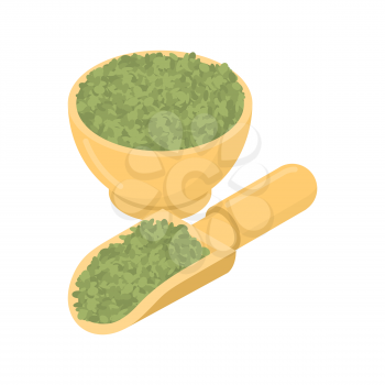 Green Lentils in wooden bowl and spoon. Groats in wood dish and shovel. Grain on white background. Vector illustration