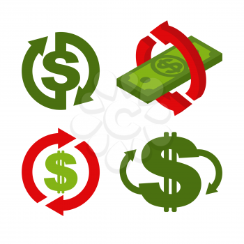 Cash back icon set. Symbol is return of Money. Sign of a refund of dollars. Business vector illustration
