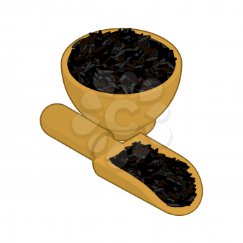 Black rice in wooden bowl and spoon. Groats in wood dish and shovel. Grain on white background. Vector illustration