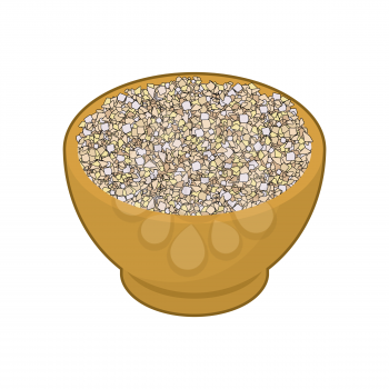 Barley grits in wooden bowl isolated. Groats in wood dish. Grain on white background. Vector illustration
