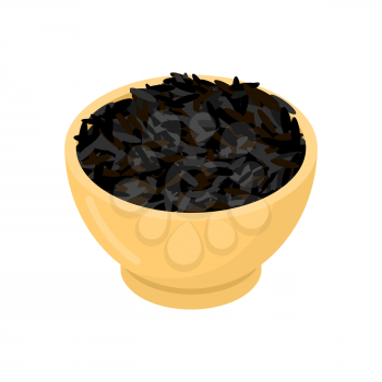 Black rice in wooden bowl isolated. Groats in wood dish. Grain on white background. Vector illustration
