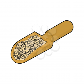 Parboiled rice in wooden scoop isolated. Groats in wood shovel. Grain on white background. Vector illustration
