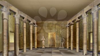 Digital painting of the hall of Ancient Egyptian Temple with columns and mural. Long shot