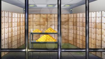 Digital painting of the bank vault with safe deposit boxes and gold bullion