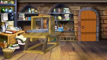 Digital painting of the interior of an old cellar with shelves full of many different things.