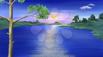 Digital painting of the reflection of sunset in river water