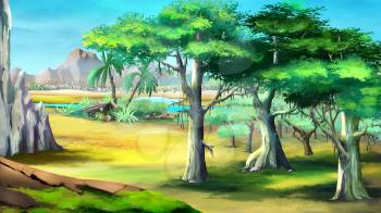 Digital painting of the acacia trees in a African summer day with mountains on background.