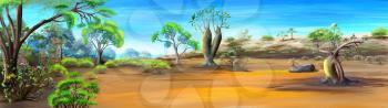 Digital painting of the African Savannah in a summer day with acacia tree. Panorama.