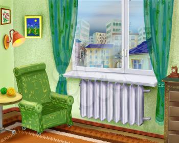 Digital Painting, Illustration of a Cartoon Room Interior with Armchair Near a Window and summer city landscape in the window. Cartoon Style Character, Fairy Tale Story Background,