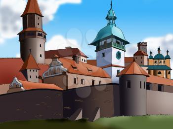 Digital Painting, Illustration of a Towers in the European Old City.  Cartoon Style Character.