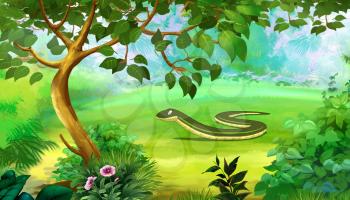 Slow Worm in a Forest. Digital painting  full color cartoon style illustration.