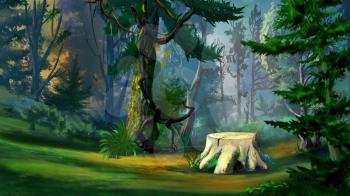 Digital Painting, Illustration of a old tree stump in the spruce forest in Realistic Cartoon Style