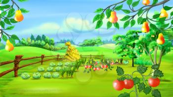 Digital painting of the Rural landscape with Kitchen Garden.
