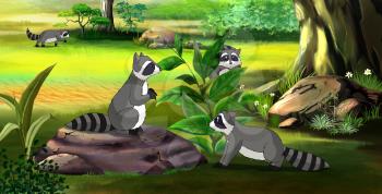 Raccoon's family in a spring forest. Digital painting  cartoon style full color illustration.