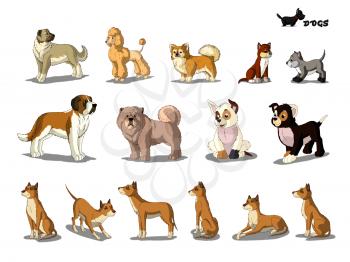 Set of Dogs separate images. Digital painting  full color cartoon style illustration isolated on white background.