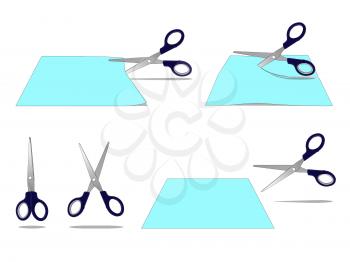Set of Scissors Cutting a Paper separate images. Digital painting  full color cartoon style illustration isolated on white background.