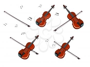 Set of wooden violins separate images. Digital painting  full color cartoon style illustration isolated on white background.