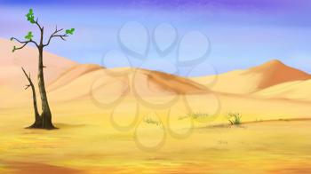 Digital Painting, Illustration of a Small Lonely Tree in a Desert  in a hot summer day. Cartoon Style Character, Fairy Tale Story Background.