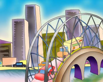 Digital Painting, Illustration of a bridge over a river in a big city in a summer day. Cartoon Style Character, Fairy Tale  Story Background.