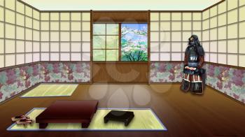 Traditional Japanese Room Interior. Digital Painting Background, Illustration in cartoon style character.