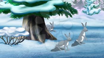Gray rabbits in the winter forest. Digital painting  cartoon style full color illustration.