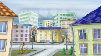 Cityscape in a late autumn Day. Digital Painting Background, Illustration in cartoon style character.