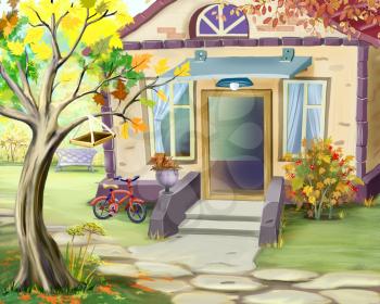 Small Cottage in Early Autumn. Digital Painting Background, Illustration in cartoon style character.