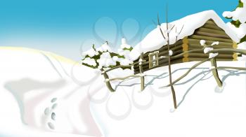 Russian Winter in a Village. Snow Covered wooden House in a Snowy Winter Day. Handmade illustration in a classic cartoon style.