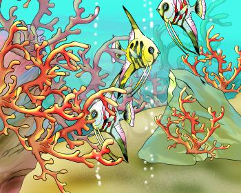 Coral Fishes Underwater.  Digital Painting Background, Illustration in cartoon style character.