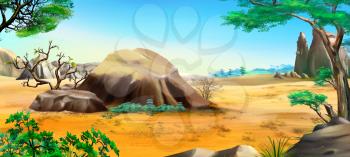 African landscape with blue sky and big stones in a Summer Day. Digital Painting Background, Illustration in cartoon style character.