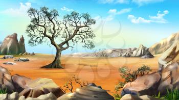 Rural Landscape with a Lonely Tree in the Hills in a Summer day. Digital Painting Background, Illustration in cartoon style character.