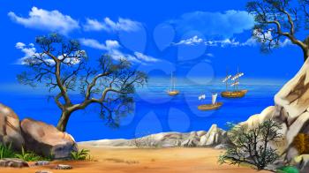 Idyllic View of the bay with sailboats or Fishing vessels. Shore of the ocean against a blue sky in a Summer day. Digital Painting Background, Illustration in cartoon style character.