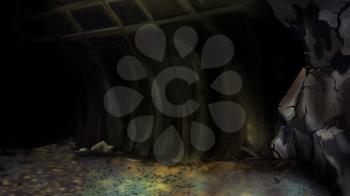Entrance to an abandoned mine or to a large Cave. Digital Painting Background, Illustration in cartoon style character.