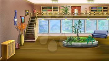 The interior of a large room with huge windows and stairs to the second floor. Digital Painting Background, Illustration in cartoon style character.
