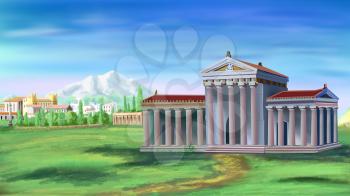 Ancient Greek Temple in a sunny day. Digital Painting Background, Illustration in cartoon style character.