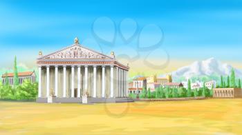Temple of Artemis in a sunny day. Digital Painting Background, Illustration in cartoon style character.